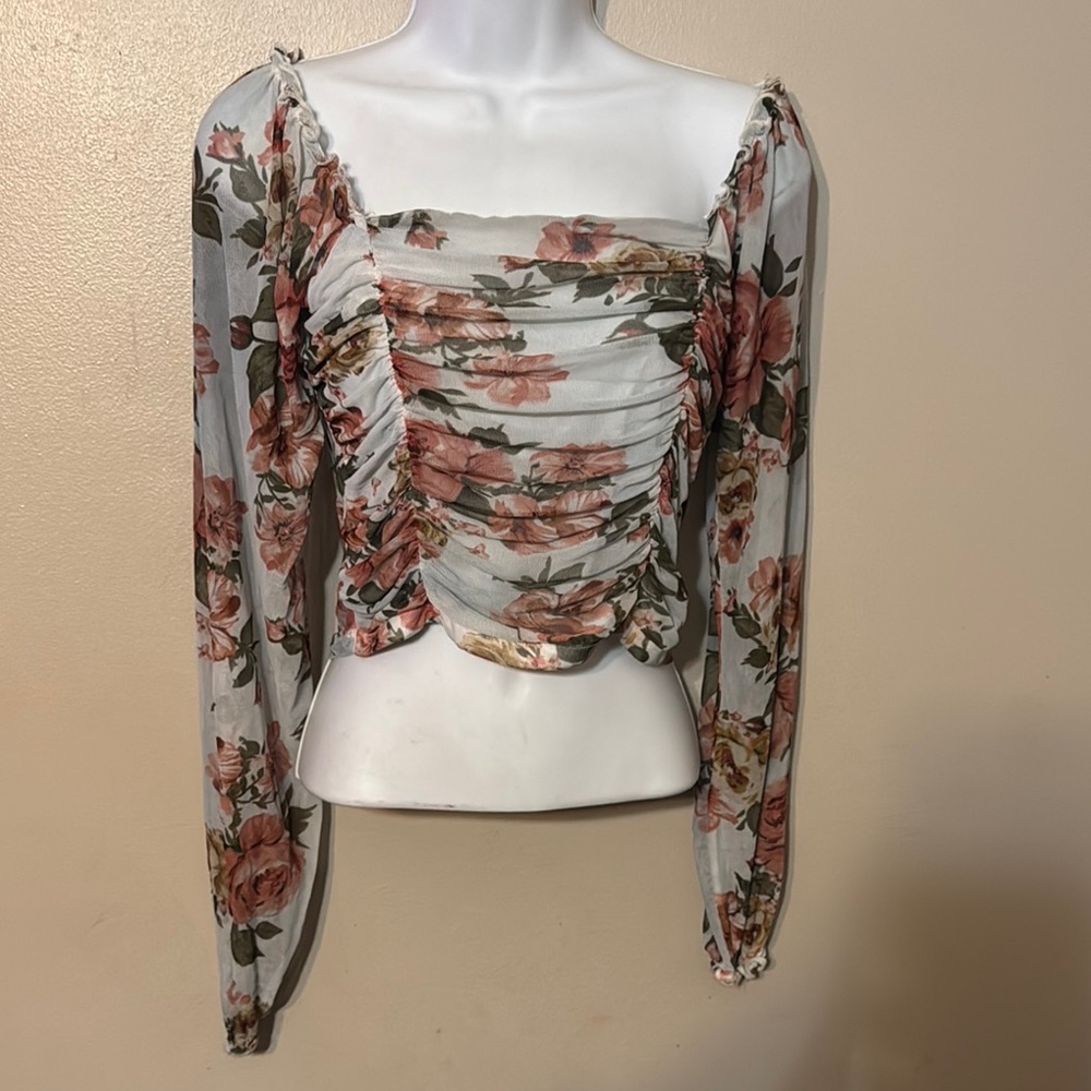 Polly & Esther Brown Tan Ruched Crop Blouse size S